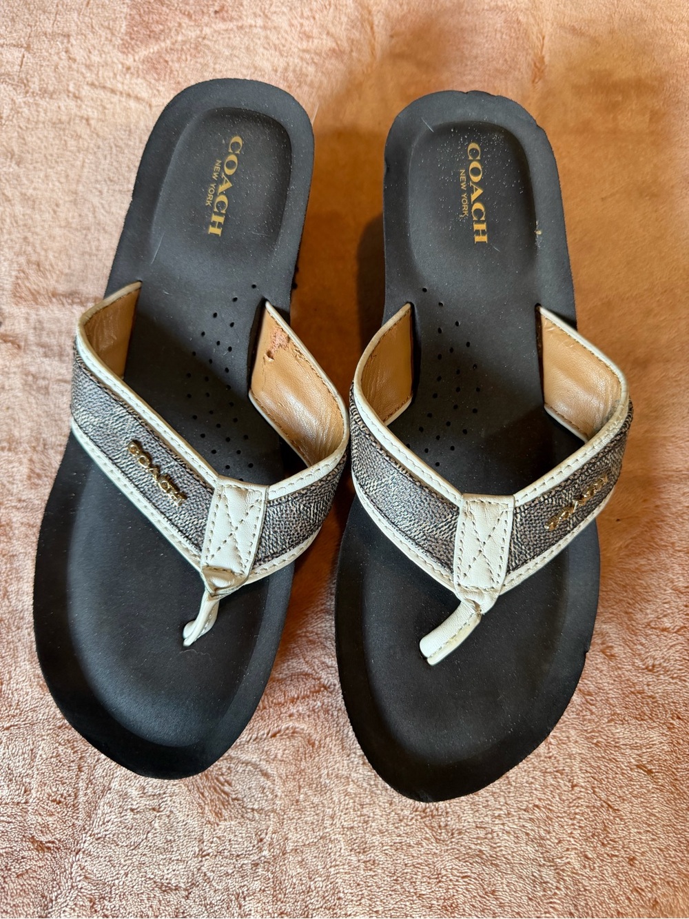 Coach Black Footbed Thong Sandals with Cream Trim